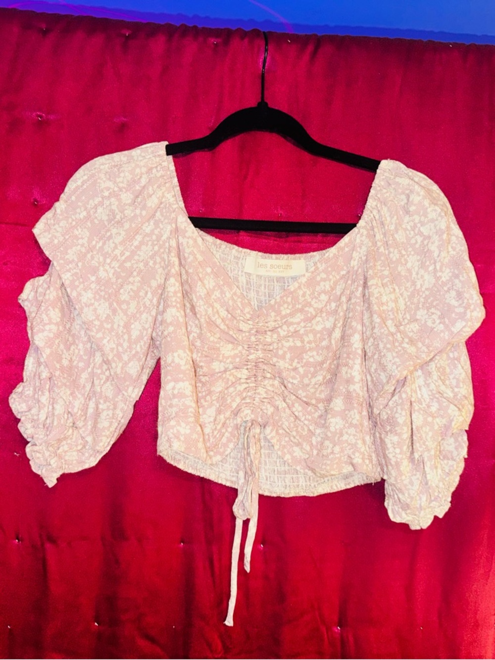 👑 Size Small Les Soeurs Pink Puff-Sleeve Ruched Crop Blouse